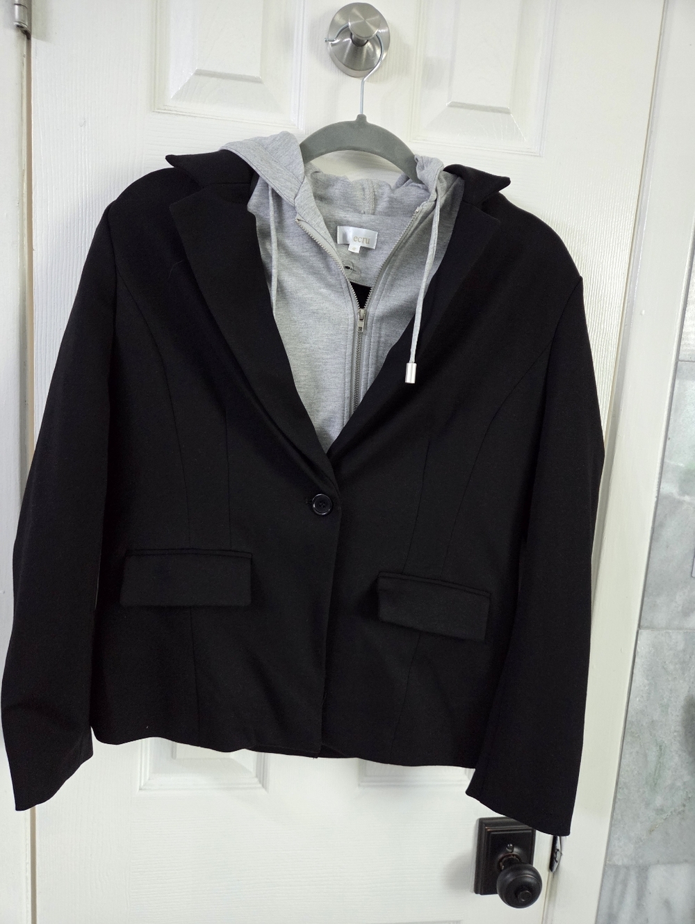 ecru Black Blazer with Grey Hooded Layer